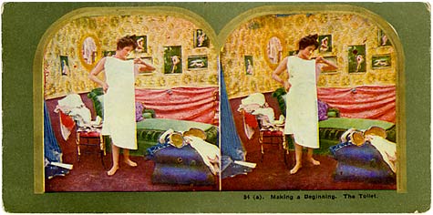 Stereocard of woman dressing